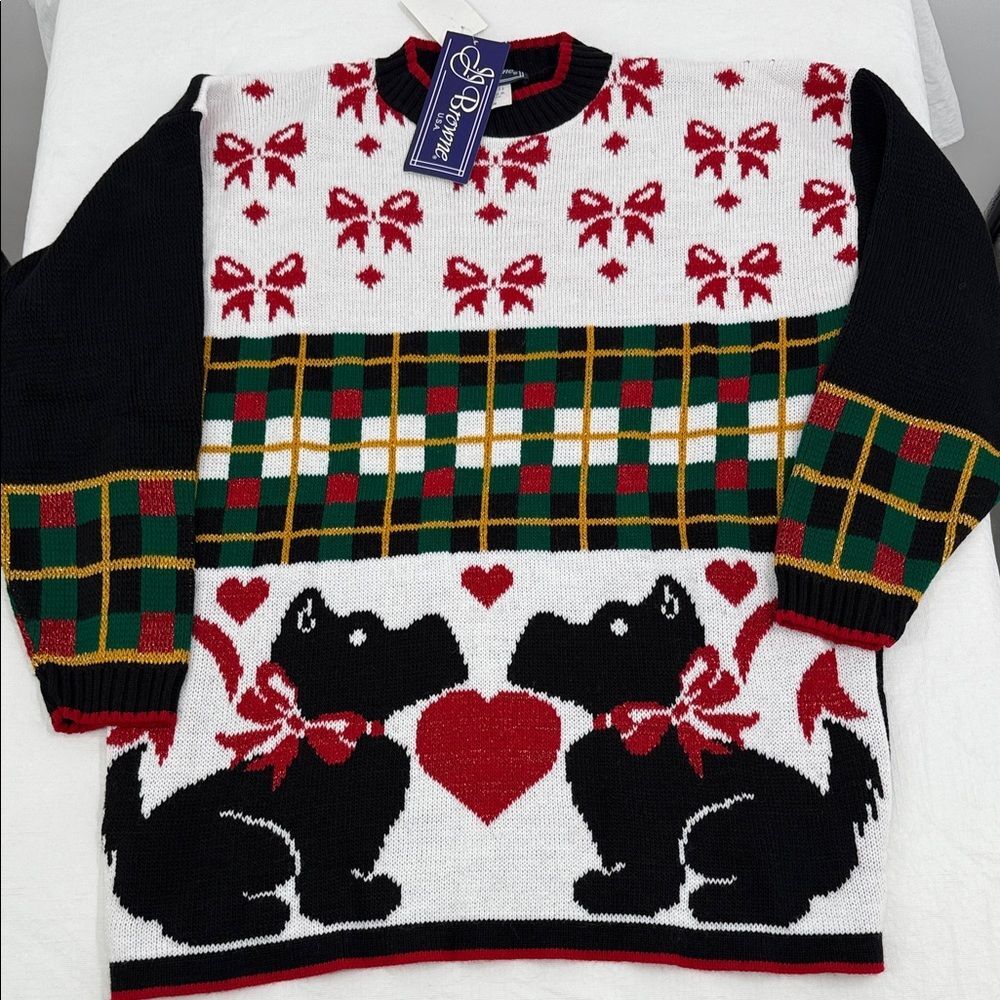 JJ Browne Sweater Wm Medium Ugly Christmas Dog Bow Plaid Sparkle Vintage USA 80s
